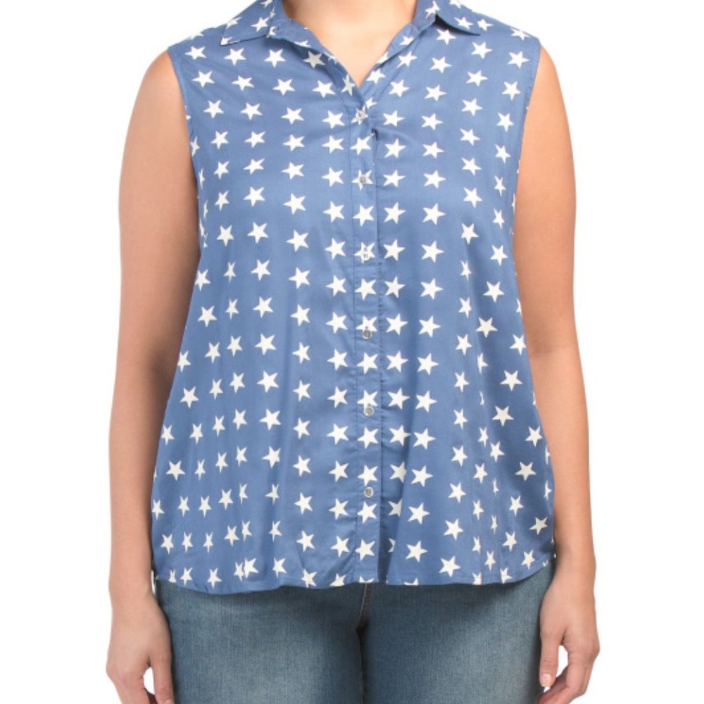 Avenue Stars Patriotic Button Down Sleeveless Plus SZ Blue Cream Holiday SZ 32